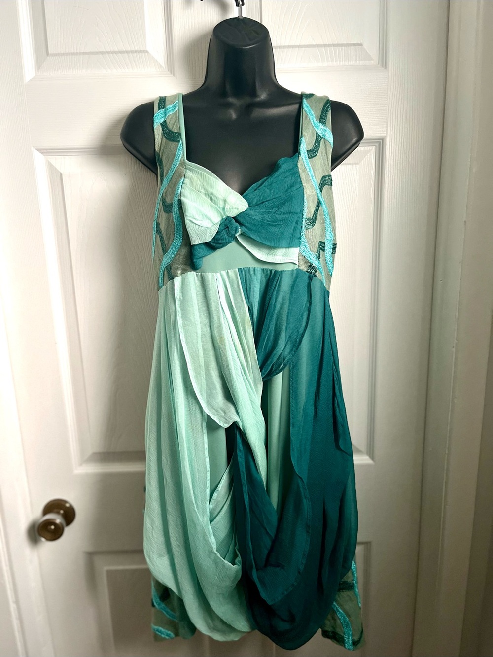 Y2K Save The Queen Dress Silk Linen Large XL Draped A Line Italy Green Blue Teal